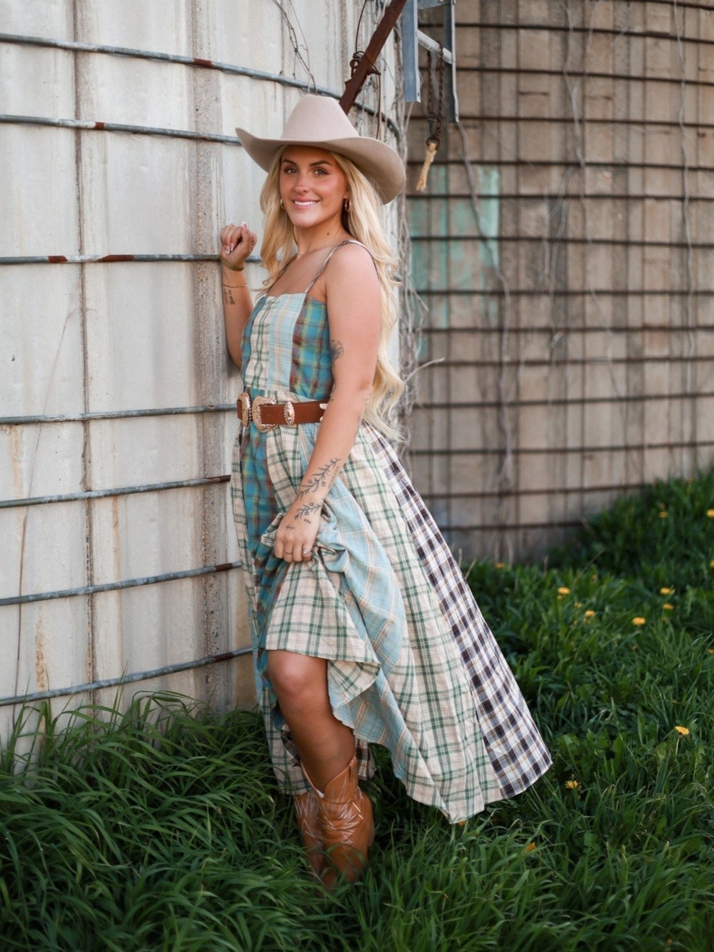 Shop Ivory Buck GiGio Teal Patchwork Plaid Square Neck Western Charm Midi Dress - Picture 13 of 15